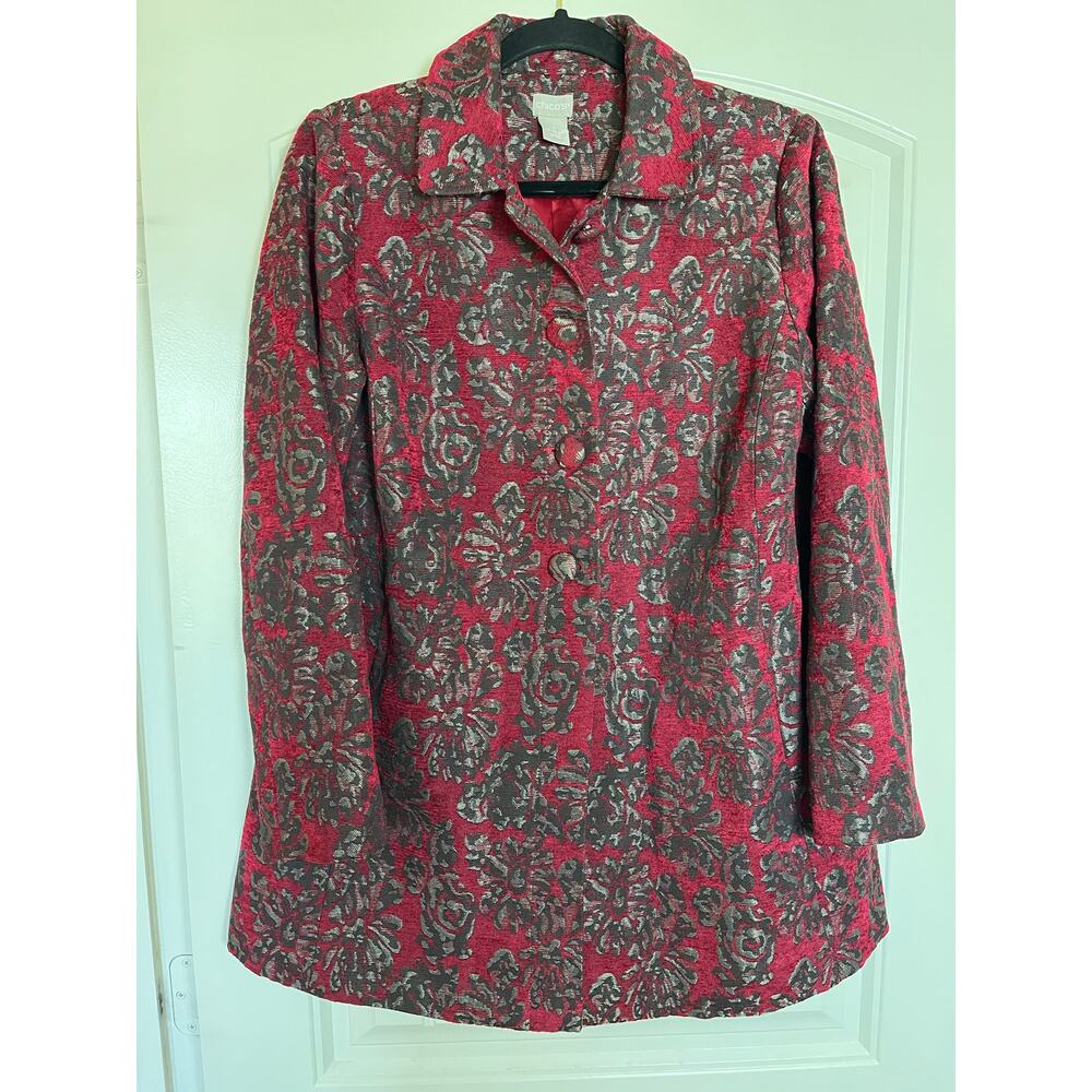 Chicos | Size 1 Women's Red Metallic Silver Floral Tapestry Topper Coat